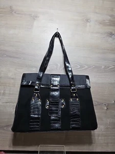 Elizabeth Arden Faux Suede Large Shoulder Tote Bag Black Grey 17 x 12 Alligator  - Picture 1 of 10
