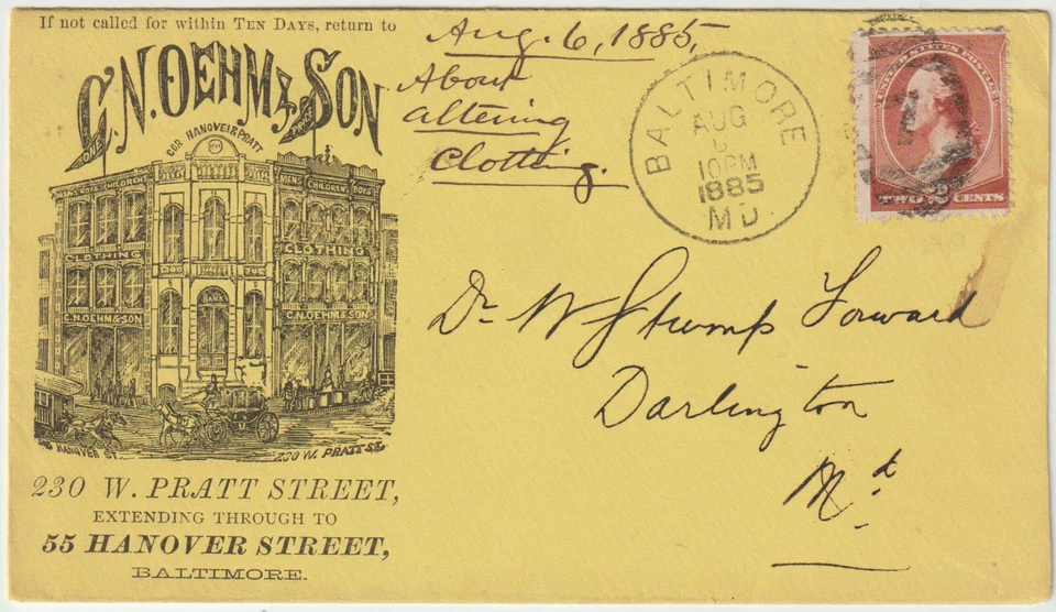 1885 年巴尔的摩 MD 1885 年 Illust Advt GN OEHM & SON 黄色 env (c411) — 第 1/1 张图片