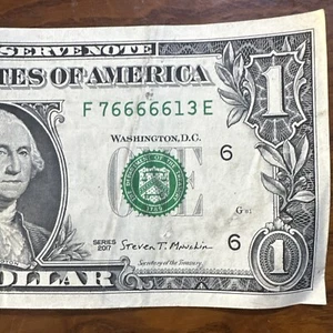Five in a Row 6s Fancy Serial Number One Dollar Bill F 76666613 E - Picture 1 of 3
