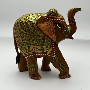 Elephant Vintage Hand Carved Hand Painted Wooden Gold W/ Berry Vine Blanket - Picture 1 of 12