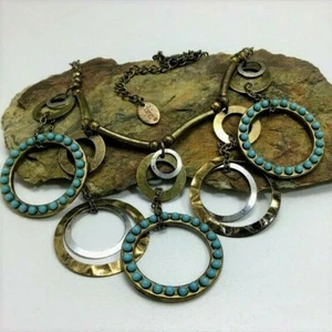 Antique Bronze & Silver Open Circles Necklace ~ Turquoise Bead Accents ~ Claires - Picture 1 of 7
