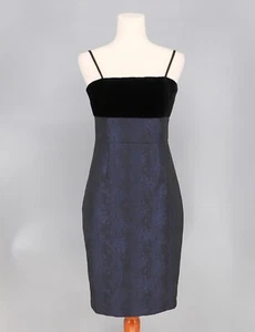 KAY UNGER Velvet Silk Jacquard Mini Dress Spaghetti Strap Black Navy Size 6 - Picture 1 of 6