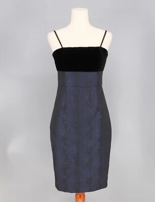 Mini Vestido KAY UNGER Terciopelo Seda Jacquard Correa Espagueti Negro Azul Marino Talla 6 Foto 1 de 4