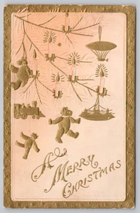 1908 Christmas Postcard Gold Embossed Teddy Bears, Train Ornaments, Tree (READ) - Picture 1 of 5