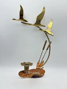 Vintage Brass Geese Candle Holder Sculpture Cattails Mid Century Lake Decor Art - Picture 1 of 11