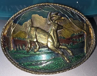 Hebilla de cinturón Jumping Buck de colección 3,5" esmalte de latón ovalado se adapta a cinturón de 1,5" Chicago 1980 Foto 1 de 4