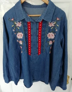 Size 18 Blue Red Embroidered Country Western Style Shirt Blouse Top Denim Effect - Picture 1 of 8