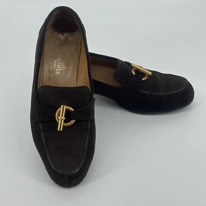 Authentic Vtg 1992 HERMES Brown Suede Slip On Flat Loafers Gold Metal Bit EU37.5 - Picture 1 of 11