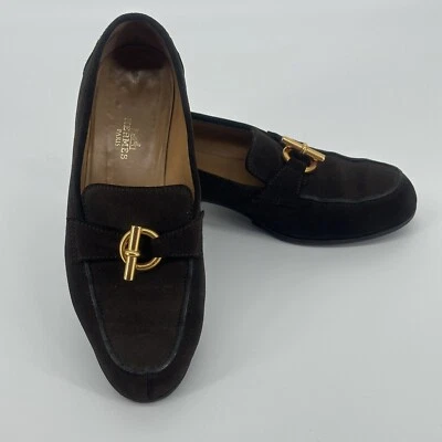 Подлинный винтажный 1992 HERMES коричневый замшевый скольжения на плоский мокасины золото металлический бит EU37.5 - Изображение 1 из 4