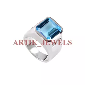 Natural Blue Topaz Gemstone with 14K White Gold Plated Silver Ring for Men #2719 - Picture 1 of 15