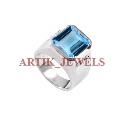 Natural Blue Topaz Gemstone with 14K White Gold Plated Silver Ring for Men #2719 - Image 1 of 4