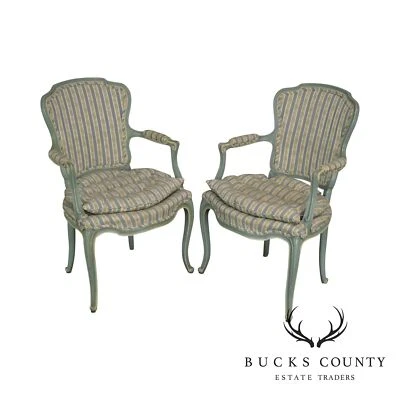 French Louis XV Style Vintage 1960's Custom Painted Pair Armchairs - Image 1 of 4