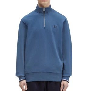 Fred Perry Men's Long Sleeve Half Zip Tipped Sweatshirt Logo M3574 Midnight Blue - Picture 1 of 5