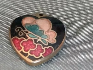 Vintage Cloisinne Heart pendant black enamel floral with Butterfly gold accents - Picture 1 of 3