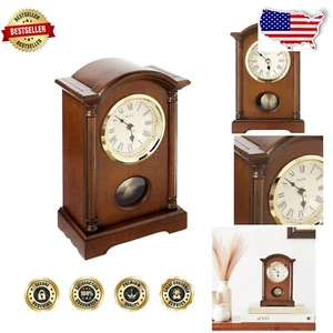 Elegant Walnut Finish Pendulum Table Clock with Gold Accents & Westminster Chime - Picture 1 of 6