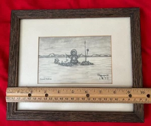 Signed GEORGE AHGUPUK Pen & Ink Drawing Seal Skin 3.5"x 5.5"  8"x10"  Alaska - Picture 1 of 4