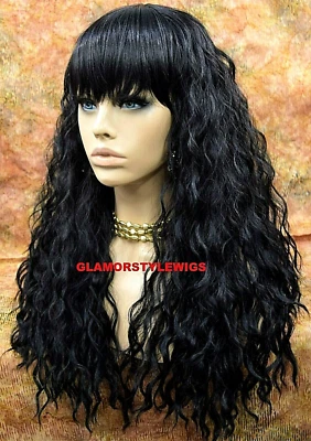 PELUCA COMPLETA RIZOS ESPIRALES EN CAPAS LARGAS CON FLEQUILLO NEGRO #1B CALOR BIEN NUEVO CON ETIQUETAS Foto 1 de 4