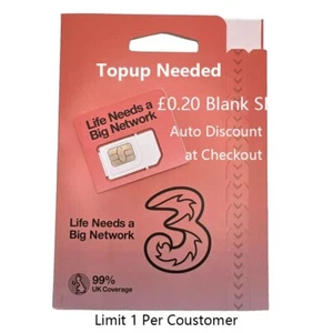 New 3 Sim Card - New and Sealed 3 Pay As You Go uk 3 PAYG Blank SIm - Picture 1 of 2