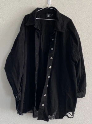 boohoo blue black denim jacket oversized distressed long size 16  - Image 1 of 4