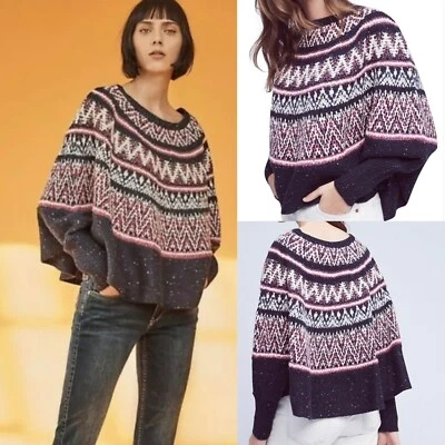 Poncho Suéter Sleeping On Snow Anthropologie Azul Midland Fair Isle Wm XS/SM Foto 1 de 4