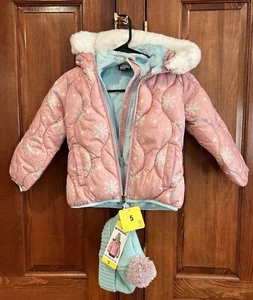Snozu Girls Hooded Puffer Jacket Sz 5 Girls Pink & White Snowflake - Picture 1 of 5