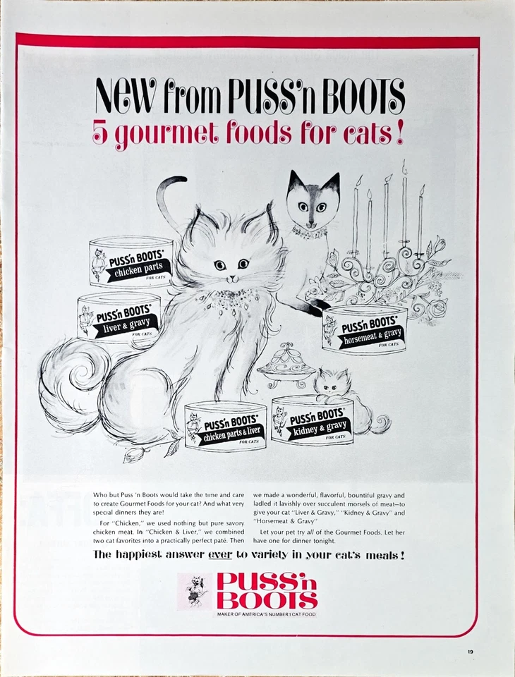 PUSS n BOOTS - 5 Gourmet Foods For Cats! CAT FOOD 1964 Vintage Print Ad Foto 1 de 1