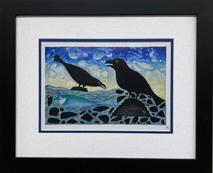 Kenojuak Ashevak "Ravens at Daybreak 2000" arte enmarcado recientemente personalizado aves inuit - Imagen 1 de 3