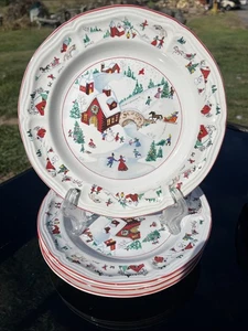 Vintage Old White Christmas Farm House Town Farberware 7.5” BREAD PLATE Set 4 - Picture 1 of 8