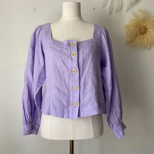 J Crew Damen 100% Leinen Top mit Knopfleiste Größe S Ballonärmel Flieder Cottagecore - Bild 1 von 9