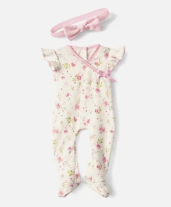 American Girl Bitty Baby BEAUTIFUL BLOOMS PAJAMAS Sleeper & Bow HEADBAND *NeW - Picture 1 of 3