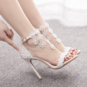 Crystal Queen Women Ankle Strap Lace Flowers and Pearl Tassel Bridal Wedding Sho - Picture 1 of 22