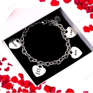 Personalised Engraved Name Bracelet Custom Heart Pendants Bangle Gifts for Women - Picture 1 of 5