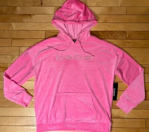 NEW! NWT BEBE Bling Velour Rhinestone Logo Pullover Hoodie Pink Taffy Size S - Picture 1 of 3