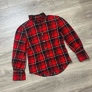 Ralph Lauren Ruffle Flannel Shirt Girls 14 Red Black Plaid Button Long Sleeve - Picture 1 of 7