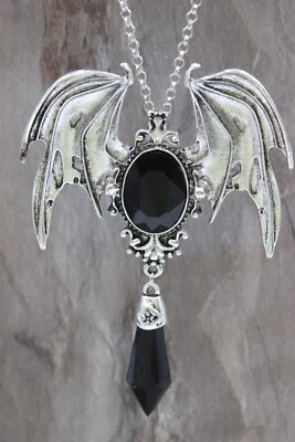 Hallowen Collier Gotico Pipistrello Argento Antico Acrylstein Nero #MB030 - Immagine 1 di 4