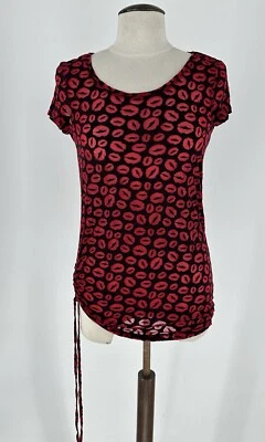 H&M Divided Women’s Black With Red Lip Pattern Top Side Ruched Detail Size 12 - Image 1 of 4