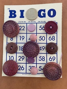 11 purple vintage buttons on a vintage bingo card for crafts, sewing, collecting - Picture 1 of 7