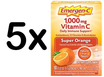 LOT of 5 10 Plckets Emergen-C 1000 mg Vitamin C Super Orange 0.32 Oz Ea Packet - Image 1 of 4