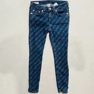 TRUE RELIGION Women’s Jean Halle Lazer Logo Mid Rise Super Skinny Size 27 Blue - Picture 1 of 14