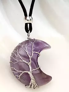 Tree of life Amethyst Moon Pendant Cord Necklace Crescent Wire Wrap Jewellery - Picture 1 of 23