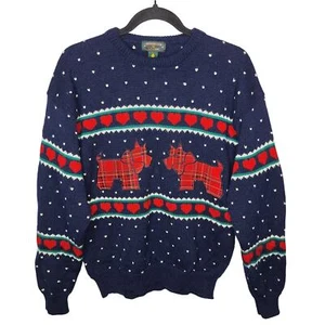 Vintage 80s 90s Scottie Dog Heart Sweater Large Wool Fair Isle Valentine Charter - Picture 1 of 8