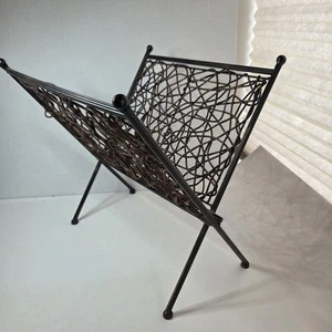 Magazine Book Rack MCM Twisted Reed Metal Frame Folding Brown & Black UNIQUE - Picture 1 of 19