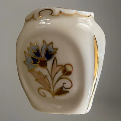 Jarrón Zsolnay Hungría Porcelana Aciano Borde Dorado Pequeño Jarrón Soporte Palillo de Dientes Foto 1 de 4