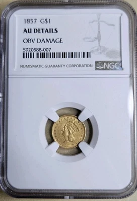 Oro Princesa India Libertad 1857 $1 dólar tipo tres III 3 NGC AU detalles Foto 1 de 4