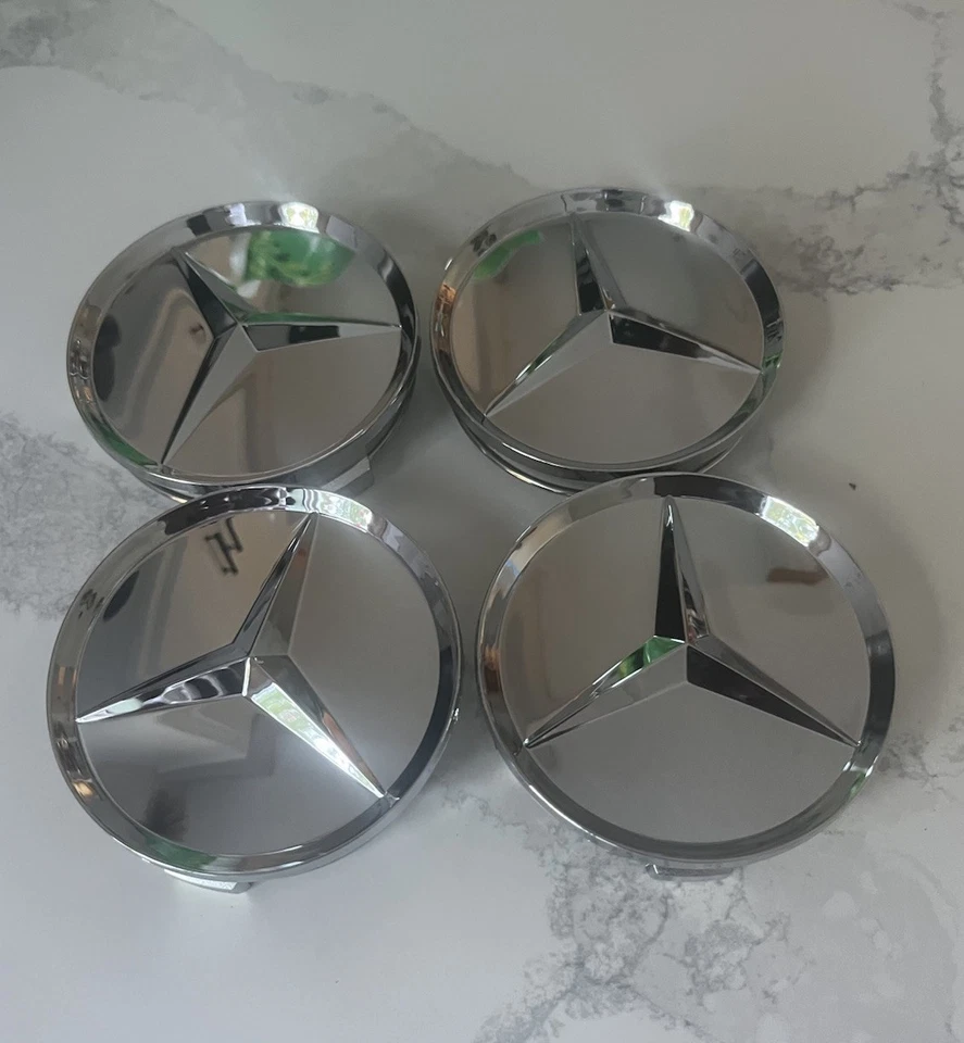 4 件套 75 毫米车轮中心轮辋轮毂盖适用于梅赛德斯-奔驰银色镀铬之星 — 第 1/4 张图片