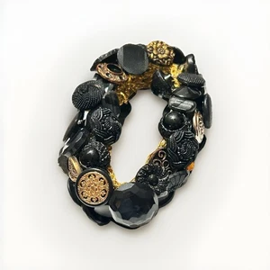 Bracciale Vintage Mid-Century Bottoni Elasticizzato Uncinetto Nero/Oro Stile Vittoriano - Foto 1 di 22