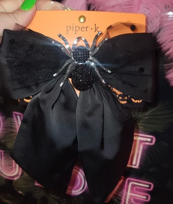 PIPER K SATIN AND TULLE CRYSTAL SPIDER EMBLEM HAIR BOW RIBBON NWT - Image 1 of 2