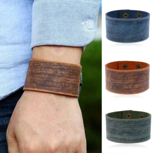 Punk Mens Wide Genuine Leather Bangle Bracelet Wristband Cuff Wrap Adjustable - Picture 1 of 18