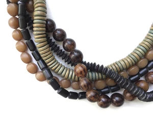 MONIES GERDA LYNGGAARD DENMARK 5-STRAND NECKLACE wood, resin, horn, C-clasp VTG - Picture 1 of 6
