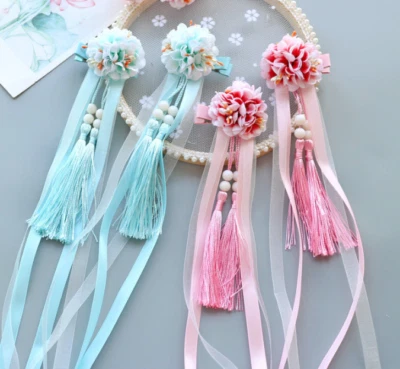 1 Pair Chinese Style Fringe Ribbon Lace Little Girl Hair Ornaments Cute Barrette - Image 1 of 4